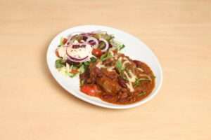 Jacket potato and chilli con carne with salad