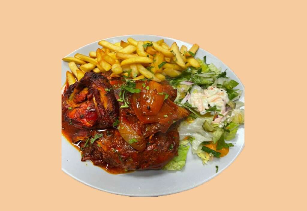 half grilled chicken, chips and salad
