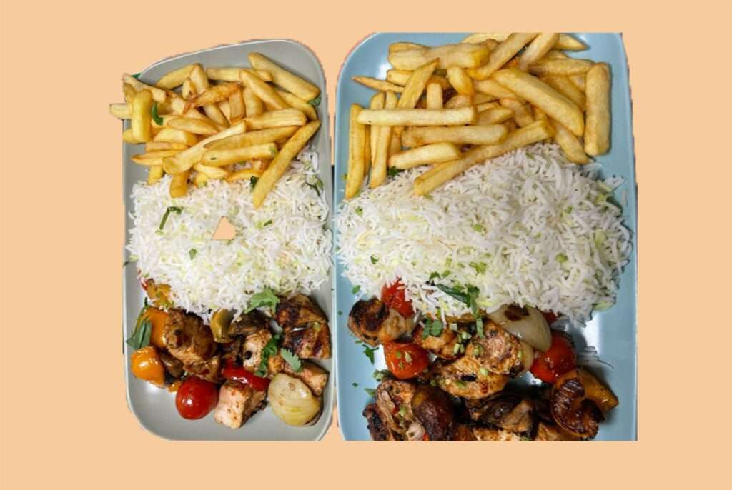 Chicken kebab, rice and chips