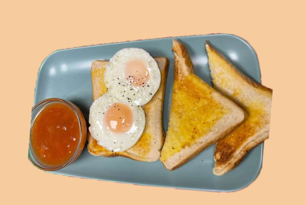 Poached egg, toast and beans