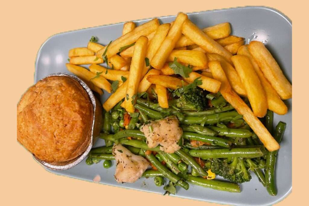 chicken and mushroom pie, chips and r
